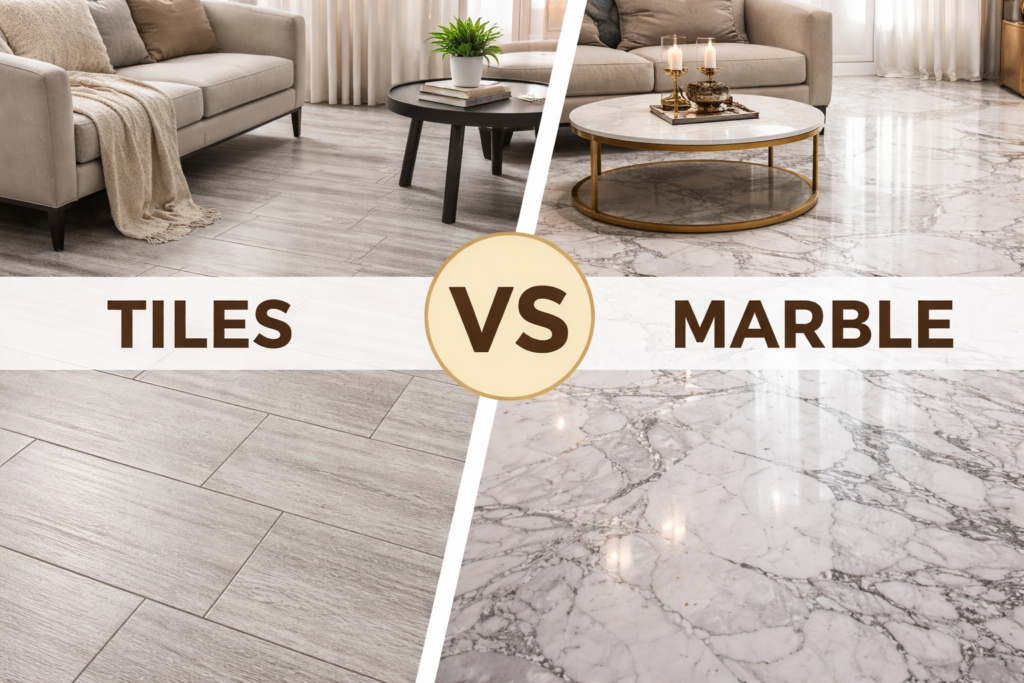 Tiles vs Marble vs Granite comparison showing modern tile flooring and luxury marble flooring in living room