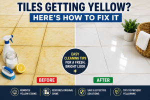 Before and after cleaning yellow tiles showing how to remove yellow stains and restore tile shine