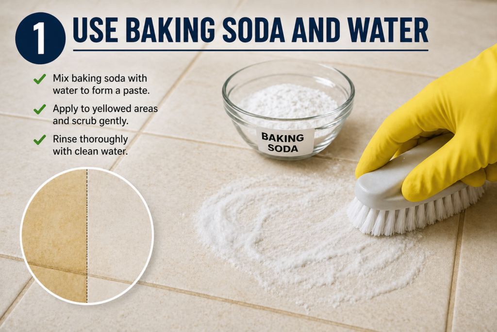 Using baking soda and water to clean yellow tiles and remove stains from floor tiles