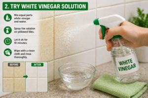 Cleaning yellow tiles using white vinegar solution spray to remove stains and restore shine