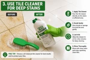Using tile cleaner to remove deep yellow stains from floor tiles and restore shine