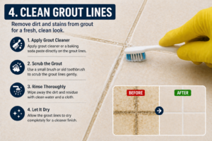 Cleaning grout lines between tiles using brush to remove dirt and yellow stains