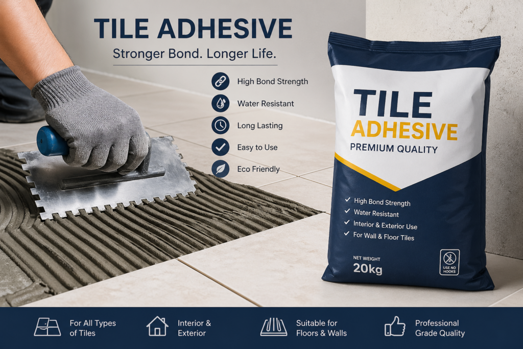 Worker applying tile adhesive with a trowel on floor tiles with premium adhesive bag showing strong bonding features