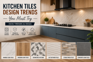 Modern kitchen tiles ideas banner showing stylish kitchen with wooden, marble, and textured tile designs for 2026