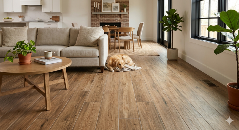Wooden look tiles flooring in modern kitchen with natural wood finish and durable surface