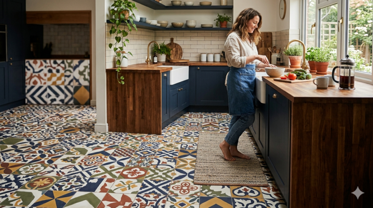 A woman stands in a modern kitchen with bold, patterned floor tiles, preparing food at a wooden counter