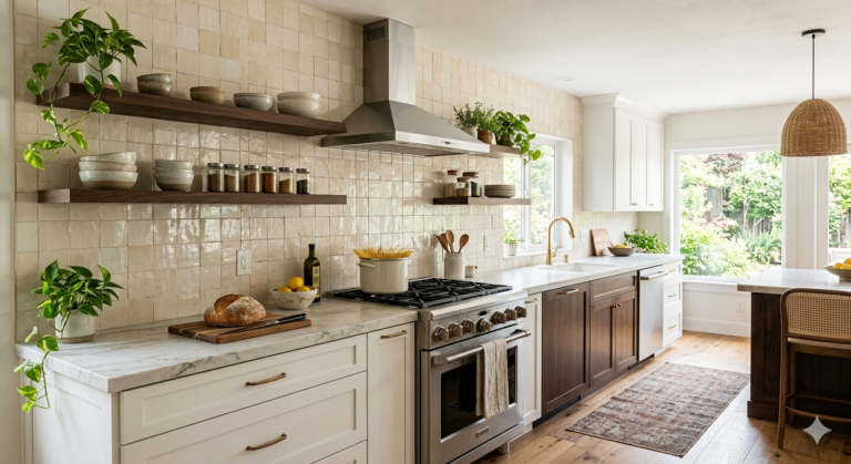 A photograph of a modern kitchen with a full-height tile backsplash made of creamy, square tiles that cover the wall from the counter to the ceiling. Above a marble countertop, floating wooden shelves hold pottery, spice jars, and trailing plants. The kitchen has a pro-style range, stainless steel hood, both white and dark wood cabinets, brass hardware, and a window looking out onto a garden.
