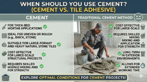 An informational graphic comparing the benefits of modern tile adhesive with the traditional cement method for floor installation.