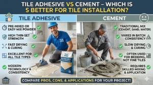 A comparison infographic between tile adhesive and cement for tile installation, highlighting pros and cons of each method.