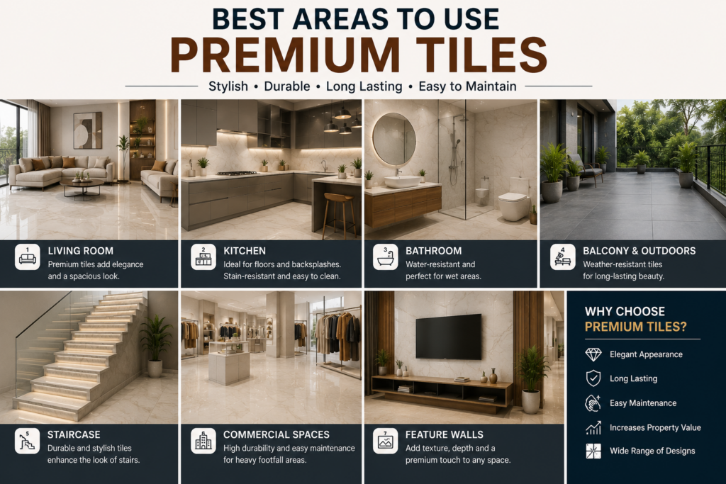 Infographic showing the best areas to use premium tiles including living room, kitchen, bathroom, staircase, and outdoor spaces