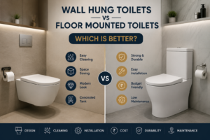 Modern bathroom comparison featuring wall hung toilet and floor mounted toilet with infographic design showing features, cleaning, installation, durability, and cost comparison.
