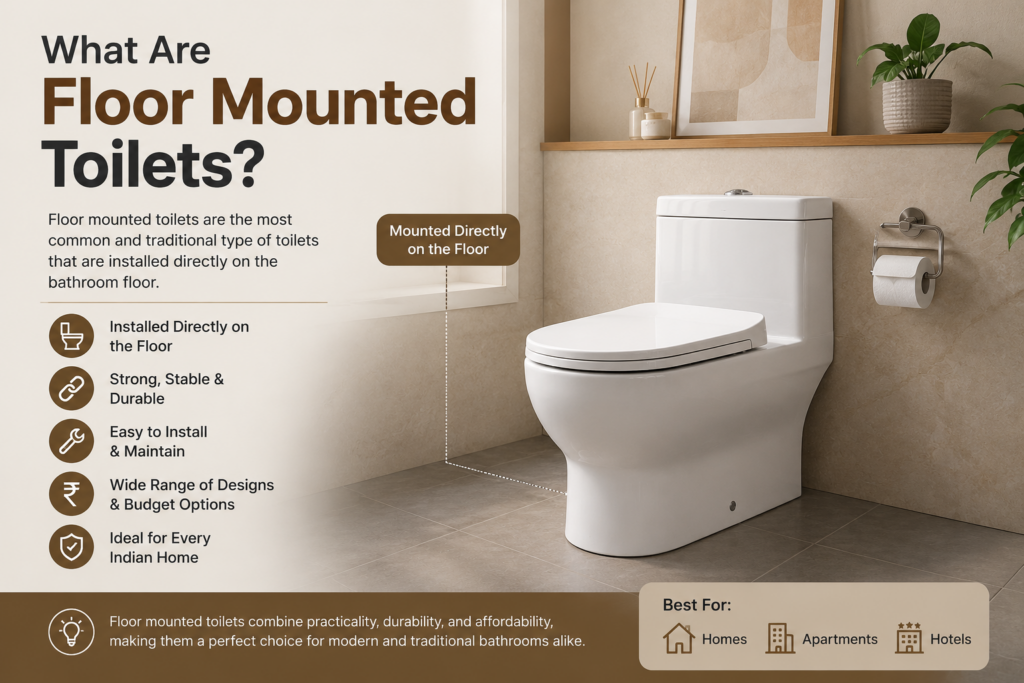 Modern bathroom interior featuring a floor mounted toilet with infographic explaining features, durability, installation, maintenance, and design benefits.