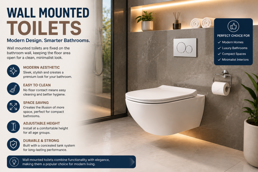 Luxury modern bathroom featuring a wall mounted toilet with infographic highlighting space-saving design, easy cleaning, modern aesthetics, and concealed tank benefits.