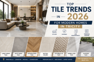 Modern living room with large format tiles showcasing top tile trends in 2026 for modern homes in Tricity including matte, wooden, marble, and textured tiles.