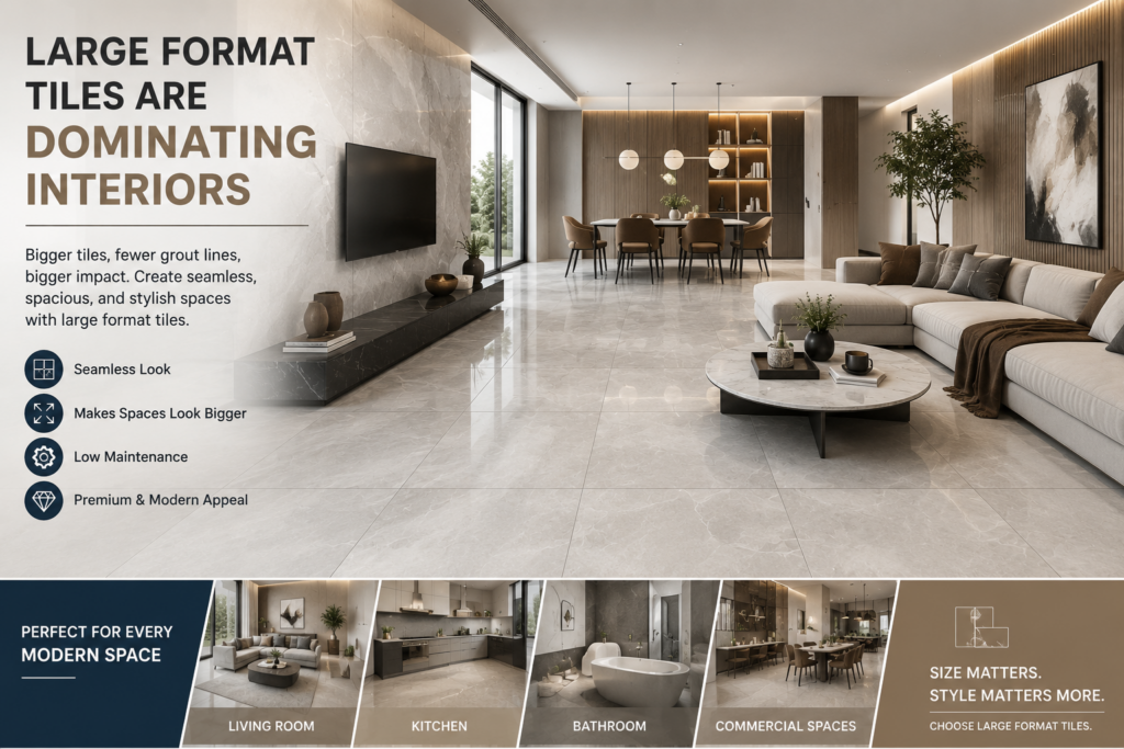 Modern luxury living room featuring large format floor tiles with seamless design and minimal grout lines for contemporary interiors.