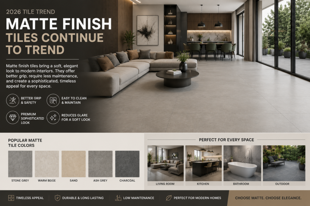 Modern living room with elegant matte finish floor tiles in neutral grey shades showcasing a soft and sophisticated interior design trend for 2026.