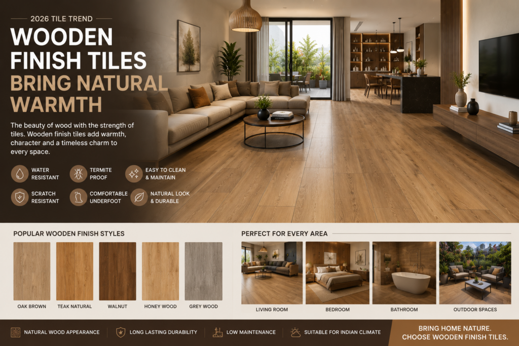 Modern living room with wooden finish floor tiles creating a warm and natural interior design aesthetic for contemporary homes.