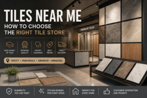 Modern premium tile showroom featuring large format tiles, marble finish tiles, and wooden textures in Tricity, Panchkula, Zirakpur, and Himachal.
