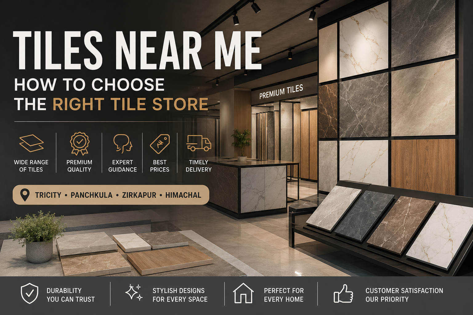 Modern premium tile showroom featuring large format tiles, marble finish tiles, and wooden textures in Tricity, Panchkula, Zirakpur, and Himachal.