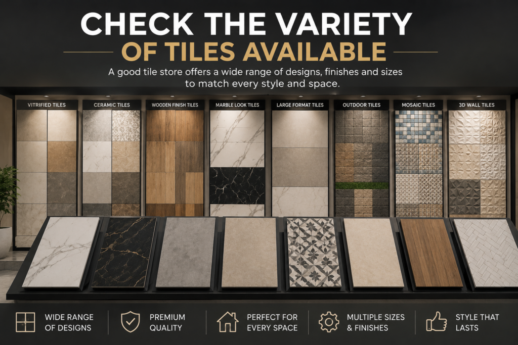 Modern tile showroom displaying vitrified, ceramic, marble-look, wooden finish, and large-format tiles in different styles and textures.