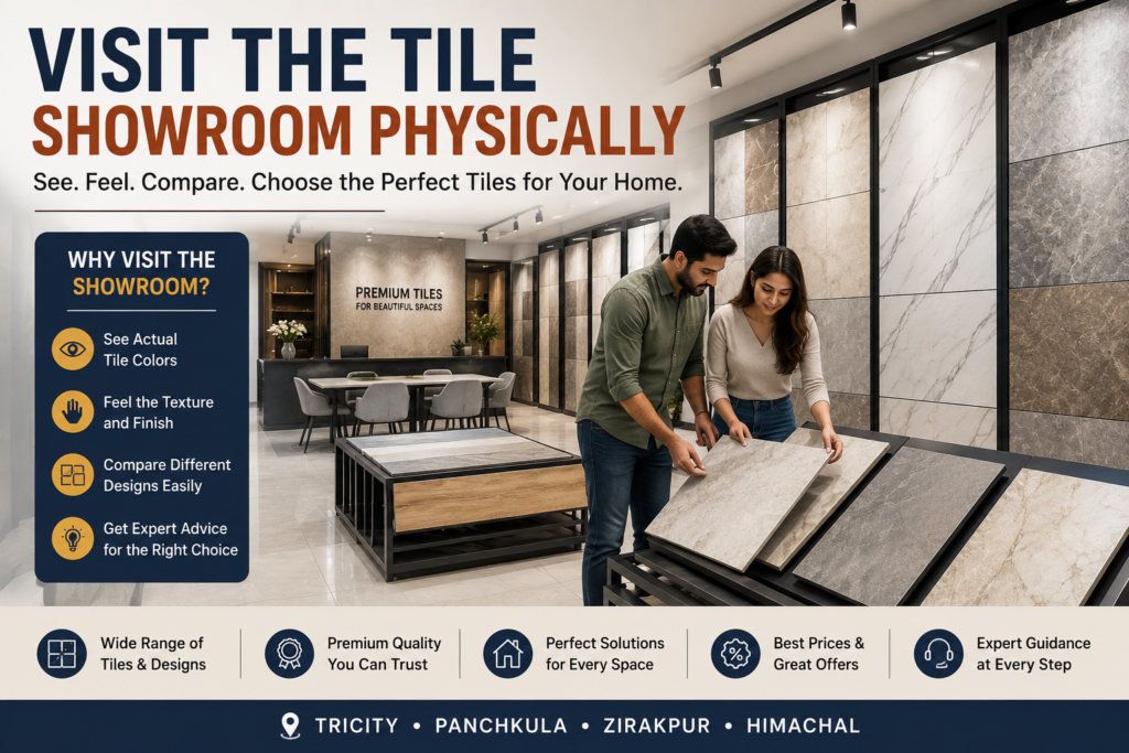 Customers visiting a modern tile showroom and comparing premium marble-look, matte, and large-format tiles for home interiors.