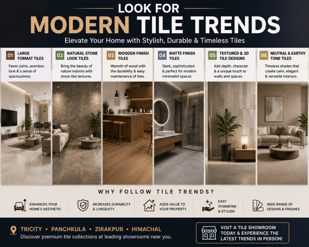 Modern interior spaces featuring large-format, wooden finish, matte, textured, and natural stone-look tiles in contemporary home designs.