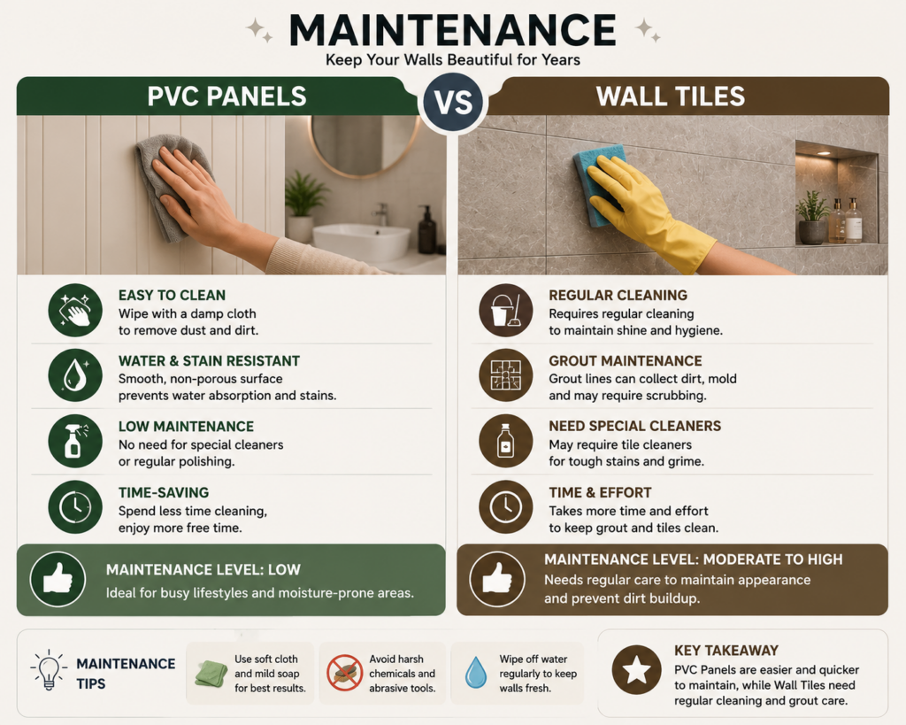 Comparison infographic showing maintenance differences between PVC panels and wall tiles with cleaning, grout care, and durability highlights.