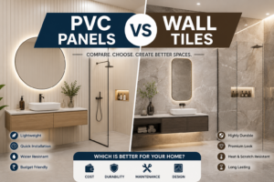 Modern bathroom comparison showing PVC wall panels on one side and premium wall tiles on the other side with design and durability highlights.