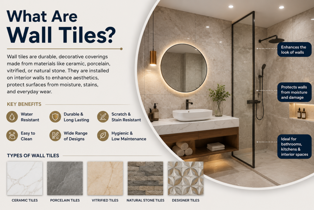 Modern bathroom interior featuring stylish wall tiles with examples of ceramic, porcelain, vitrified, natural stone, and designer wall tiles.
