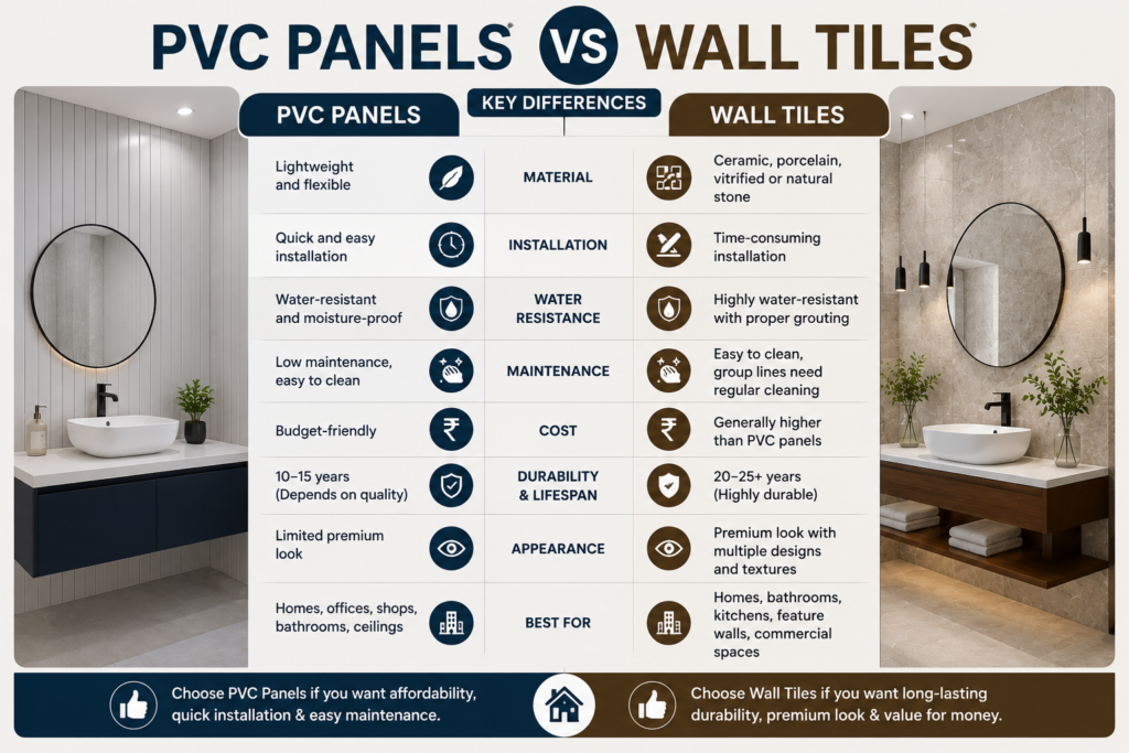 Side-by-side comparison of PVC panels and wall tiles in modern bathroom interiors showing differences in durability, cost, maintenance, and appearance.