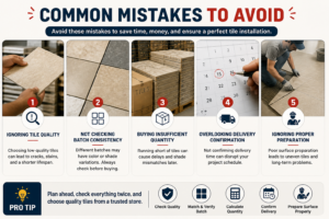 Common tile installation mistakes infographic showing quality check, batch consistency, quantity planning, delivery confirmation, and surface preparation
