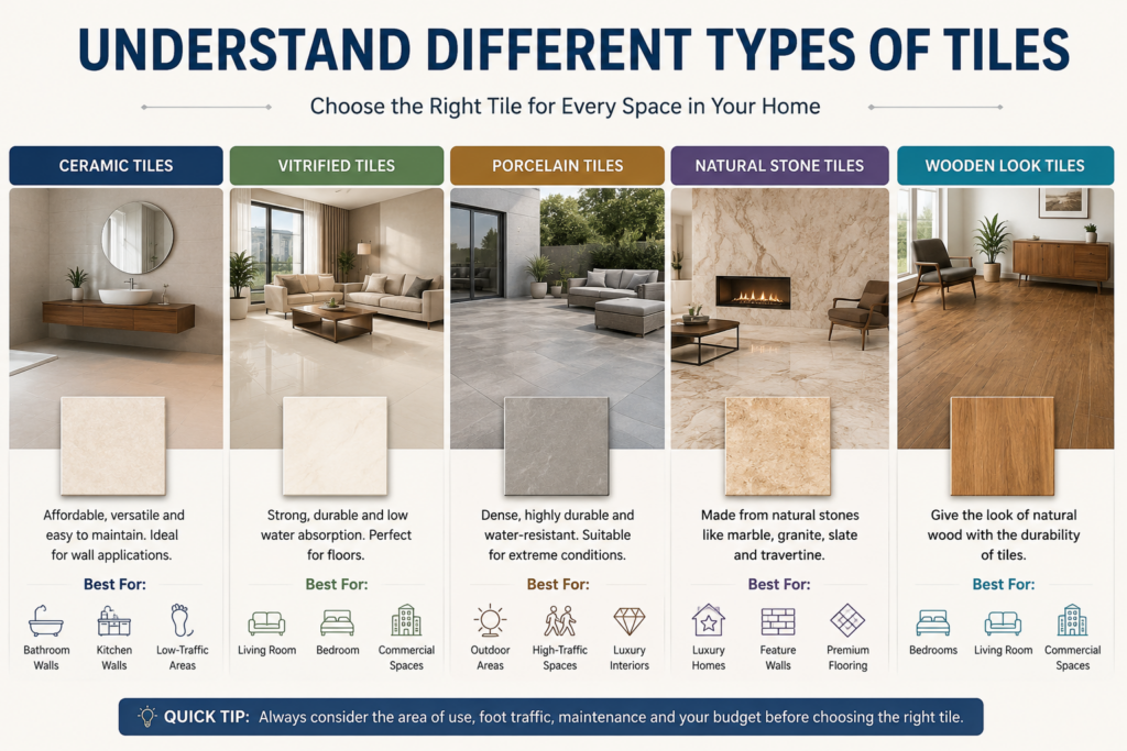 Infographic showing different types of tiles including ceramic, vitrified, porcelain, natural stone, and wooden look tiles for modern homes.