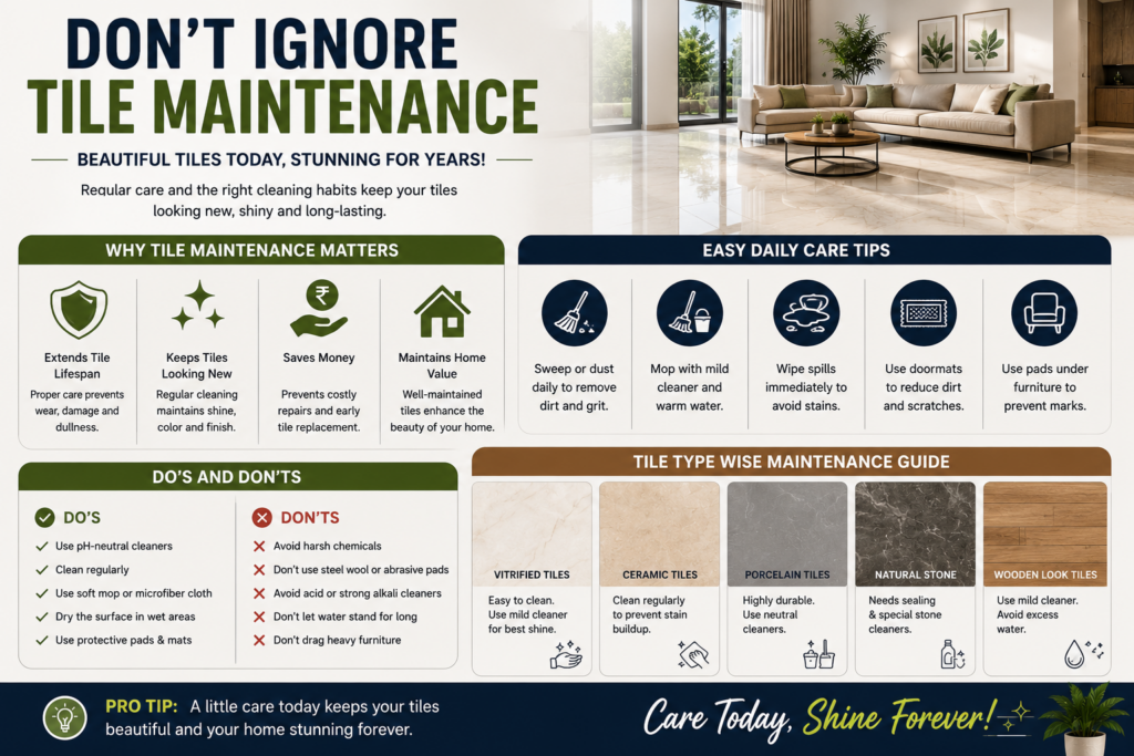 Infographic about tile maintenance showing cleaning tips, care routines, do’s and don’ts, and maintenance guides for different tile types in modern homes.