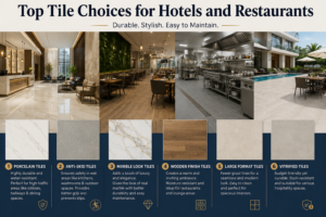 Luxury hotel and restaurant interiors featuring porcelain, marble look, wooden finish, anti-skid, large format, and vitrified tiles for commercial spaces.