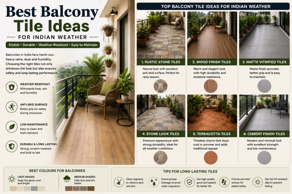 Modern balcony with weather-resistant wood finish, stone look, matte vitrified, and terracotta tiles designed for Indian weather conditions.