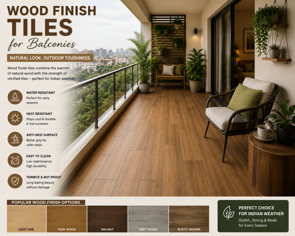 Modern balcony featuring warm wood finish tiles with outdoor seating, plants, and weather-resistant anti-skid flooring for Indian homes.