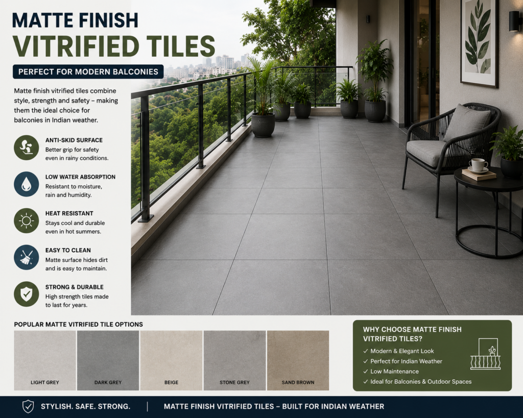 Modern balcony featuring matte finish vitrified tiles with anti-skid surface, minimalist outdoor furniture, and weather-resistant flooring.