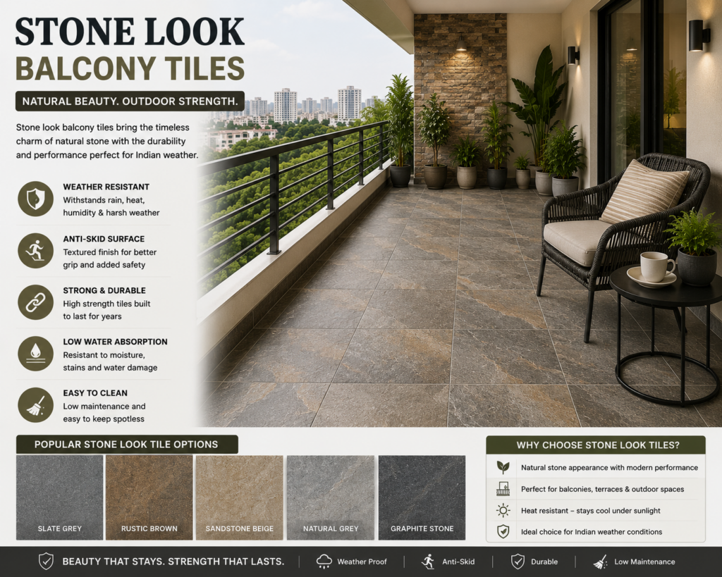 Modern balcony featuring stone look tiles with textured anti-skid flooring, outdoor seating, greenery, and weather-resistant design for Indian homes.