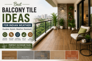 Modern balcony with wood finish, stone look, matte vitrified, and terracotta tiles designed for Indian weather conditions and outdoor spaces.