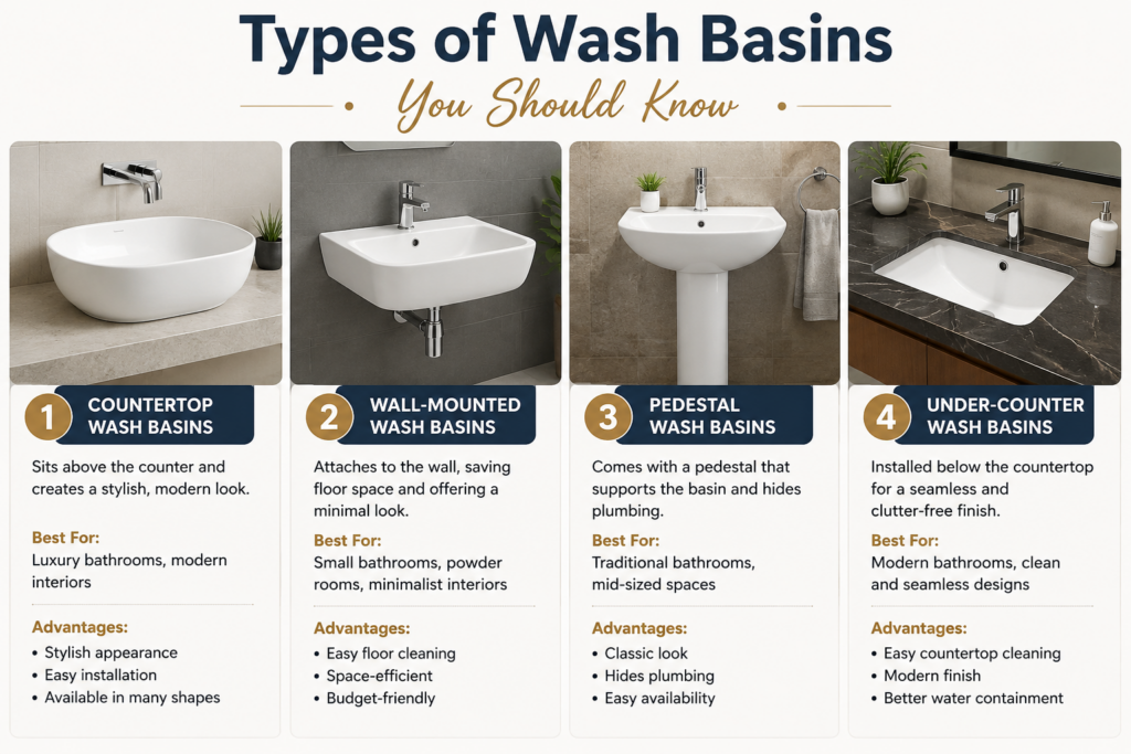 Infographic showing different types of wash basins including countertop, wall-mounted, pedestal, and under-counter wash basins for modern bathrooms.