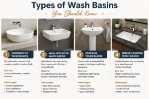 Infographic showing different types of wash basins including countertop, wall-mounted, pedestal, and under-counter wash basins for modern bathrooms.