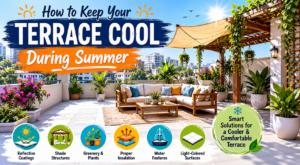 Modern rooftop terrace with pergola, outdoor seating, greenery, reflective surfaces, and cooling solutions to keep a terrace cool during summer.