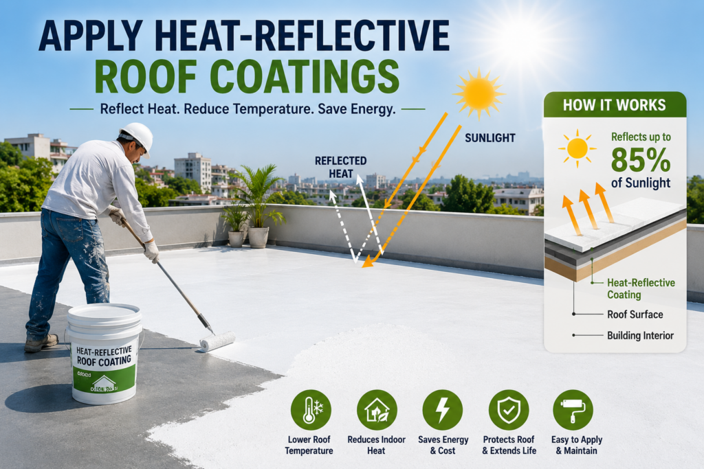 Worker applying white heat-reflective roof coating on a terrace roof to reduce heat absorption, lower indoor temperatures, and improve energy efficiency during summer.