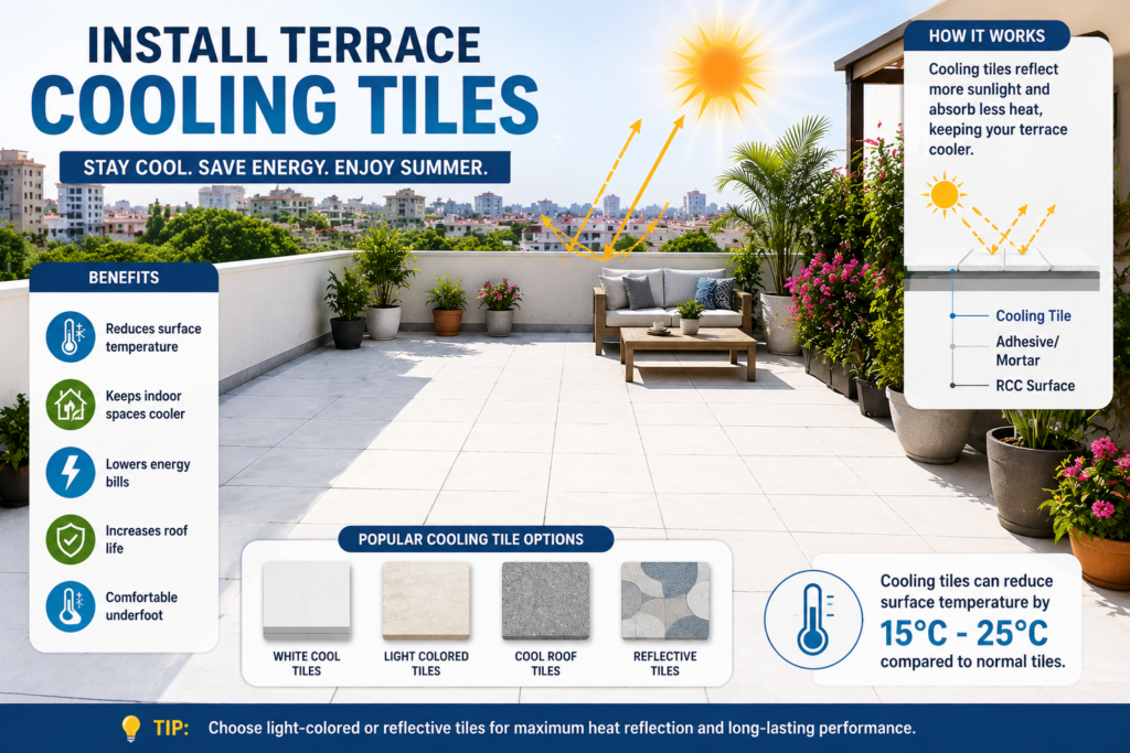 Modern rooftop terrace with light-colored cooling tiles that reflect sunlight, reduce heat absorption, and keep outdoor spaces cooler during summer.