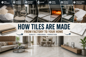 How tiles are made from factory to home showing raw materials, manufacturing process, and finished tiles in interior