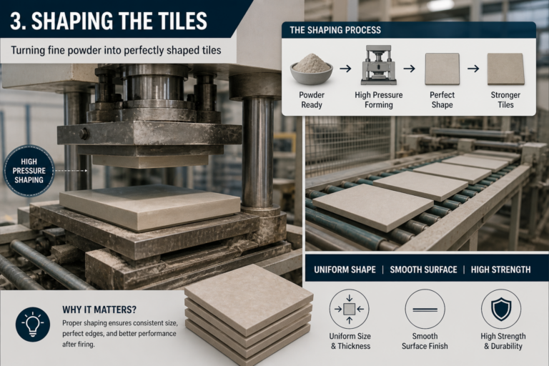 Tile shaping process showing high-pressure machine forming tiles into uniform shape and size