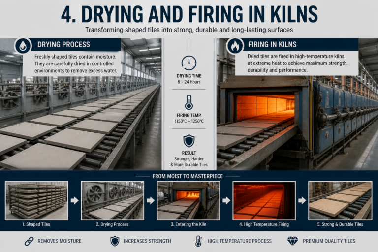Drying and firing process of tiles in kiln showing moisture removal and high temperature strengthening