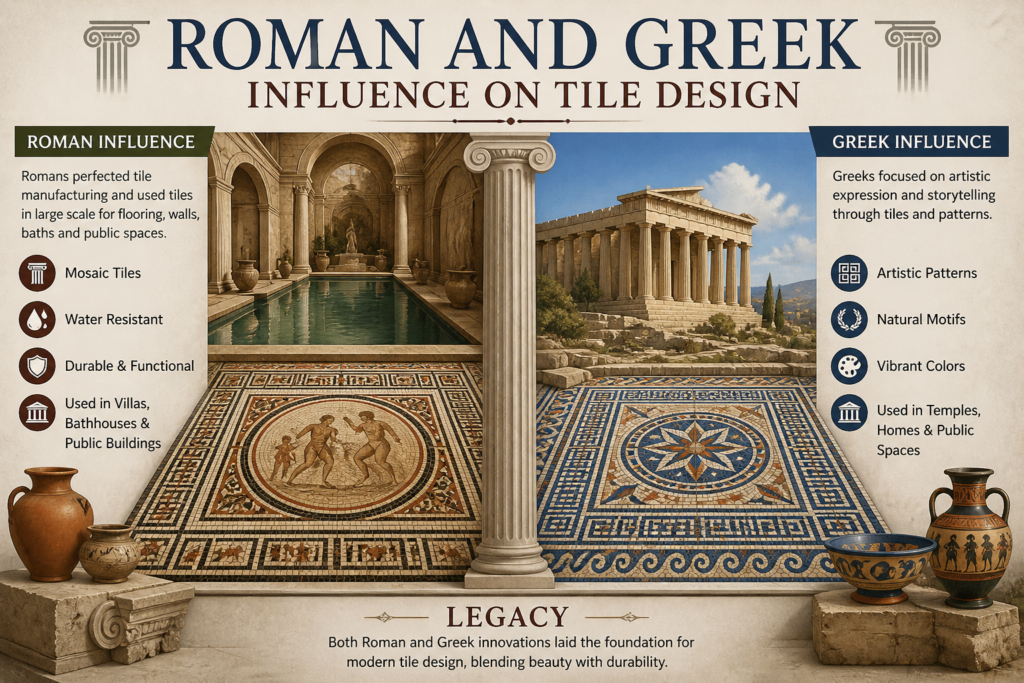 Roman and Greek influence on tile design showing mosaic tiles, ancient patterns, and architectural styles