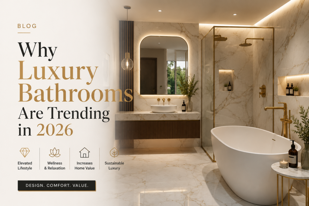 Luxury modern bathroom interior with marble walls, gold fixtures, warm lighting, and a freestanding bathtub showcasing 2026 luxury bathroom design trends.