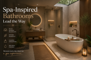 Spa-inspired luxury bathroom with warm lighting, natural textures, freestanding bathtub, indoor plants, and modern wellness-focused interior design.